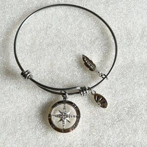 Compass Charm Silver Bangle Bracelet w Shine & Feather Charms Adjustable
